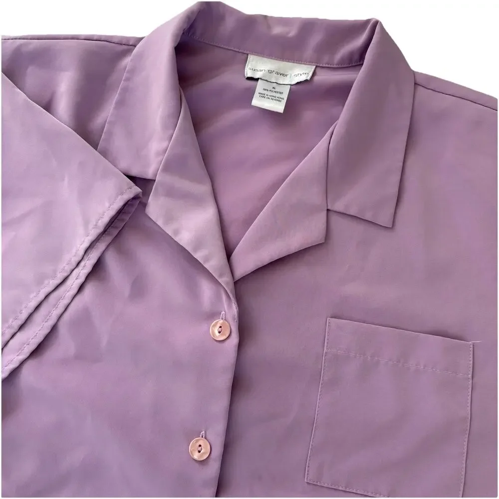 Vintage Susan Graver Style Lavender Short Sleeve Button Down Shirt Size XL